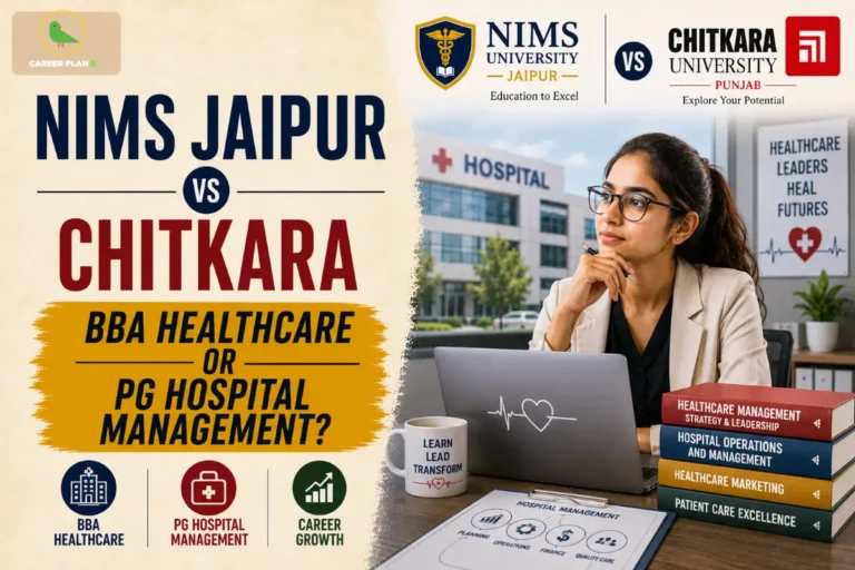 University comparison graphic with healthcare workspace and hospital backdrop, including Career Plan B logo and Hospital Management.