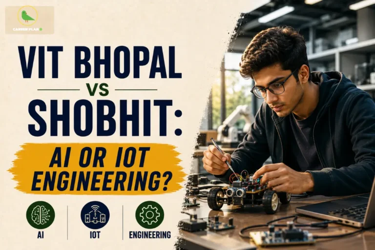 University comparison graphic with robotics project, laptop, and electronics components, including Career Plan B logo and AI Engineering.