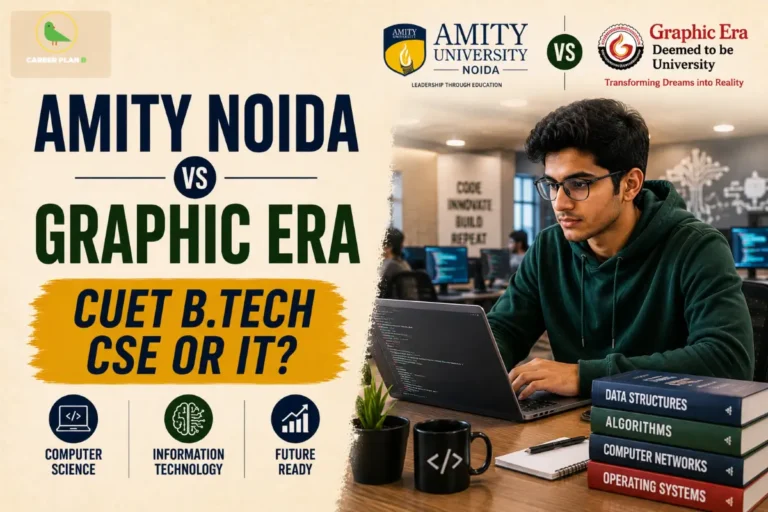 Graphic comparing Amity Noida vs Graphic Era university for B.Tech CSE programs, featuring a Career Plan B logo.
