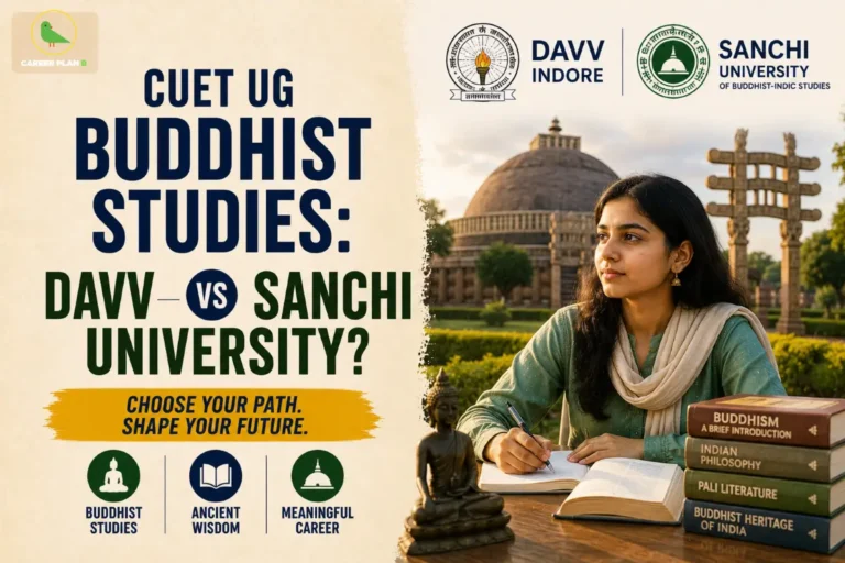 Banner comparing CUET UG Buddhist Studies at DAVV and Sanchi University, including a Career Plan B logo.