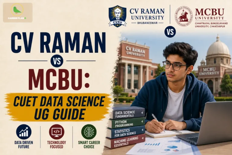 Graphic comparing universities featuring a man at a laptop with data science texts and the Career Plan B logo.