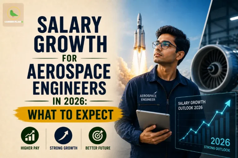 Salary Growth for Aerospace Engineers in 2026: What to Expect featuring an aerospace engineer holding a tablet, a rocket launch, aircraft engine, salary growth chart labeled "Salary Growth Outlook 2026," and icons for Higher Pay, Strong Growth, and Better Future, illustrating Salary Growth for Aerospace Engineers and future salary trends in the aerospace industry.
