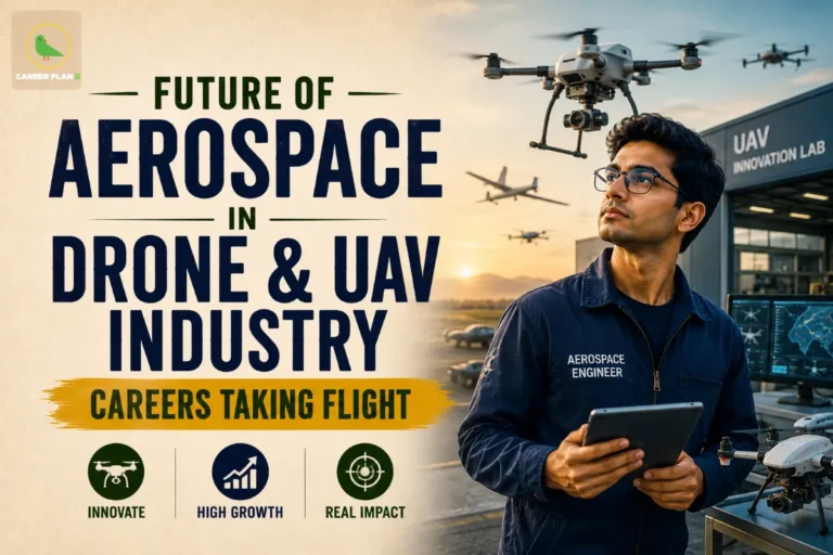 Future of Aerospace in Drone and UAV Industry: Careers Taking Flight featuring an aerospace engineer holding a tablet, drones flying overhead, a UAV Innovation Lab, drone control systems, and icons for Innovate, High Growth, and Real Impact, illustrating Future of Aerospace in Drone and UAV Industry and careers in drone and UAV technology.
