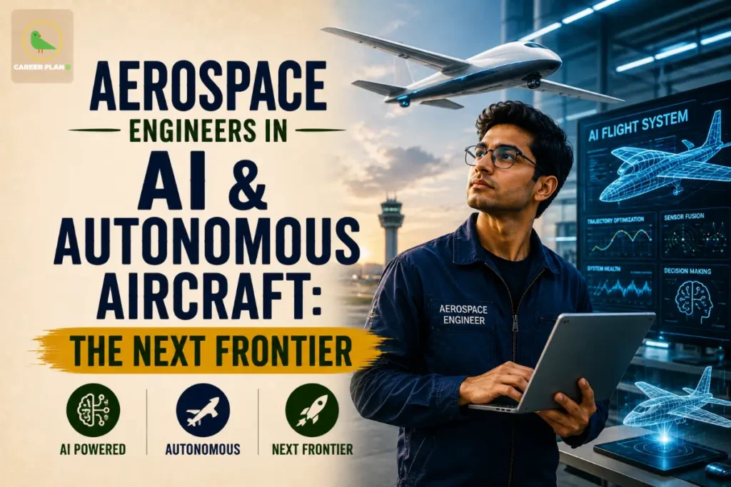 Aerospace Engineers in AI and Autonomous Aircraft: The Next Frontier featuring an aerospace engineer using a laptop, an AI Flight System dashboard with trajectory optimization, sensor fusion, system health, and decision-making, an autonomous aircraft in flight, an airport control tower, and icons for AI Powered, Autonomous, and Next Frontier, illustrating Aerospace Engineers in AI and Autonomous Aircraft and AI-driven aviation careers.
