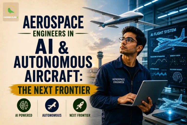 Aerospace Engineers in AI and Autonomous Aircraft: The Next Frontier featuring an aerospace engineer using a laptop, an AI Flight System dashboard with trajectory optimization, sensor fusion, system health, and decision-making, an autonomous aircraft in flight, an airport control tower, and icons for AI Powered, Autonomous, and Next Frontier, illustrating Aerospace Engineers in AI and Autonomous Aircraft and AI-driven aviation careers.
