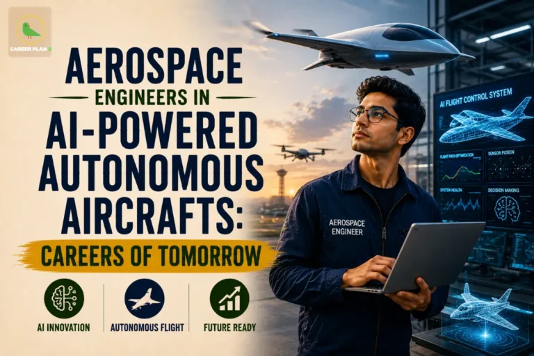 Aerospace Engineers in AI-Powered Autonomous Aircrafts: Careers of Tomorrow featuring an aerospace engineer using a laptop, an AI Flight System dashboard showing trajectory optimization, sensor fusion, system health, and decision-making, an autonomous aircraft in flight, an airport control tower, and icons for AI Powered, Autonomous, and Next Frontier, illustrating Aerospace Engineers in AI-Powered Autonomous Aircrafts and AI-powered aviation careers.