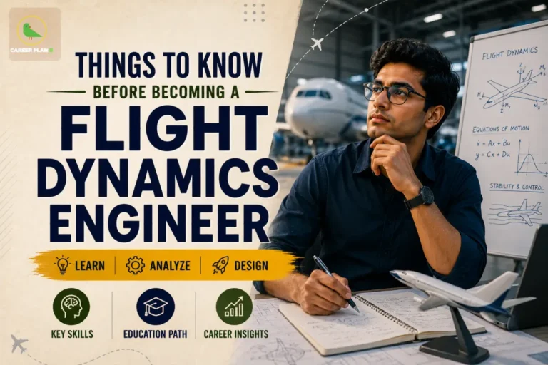 Flight Dynamics Engineer featured image showing an aerospace engineer analyzing aircraft design, flight dynamics equations, and a model airplane with the text "Things to Know Before Becoming a Flight Dynamics Engineer".
