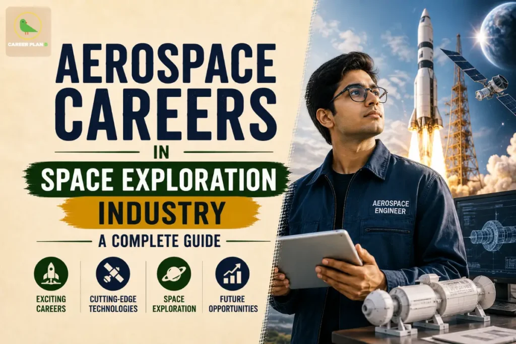 Image contains the title "Aerospace Careers in Space Exploration Industry: A Complete Guide", Career Plan B logo, an aerospace engineer holding a tablet, a rocket launch, satellite, spacecraft model, engineering workstation, and icons for exciting careers, cutting-edge technologies, space exploration, and future opportunities, illustrating Aerospace Careers in Space Exploration Industry .