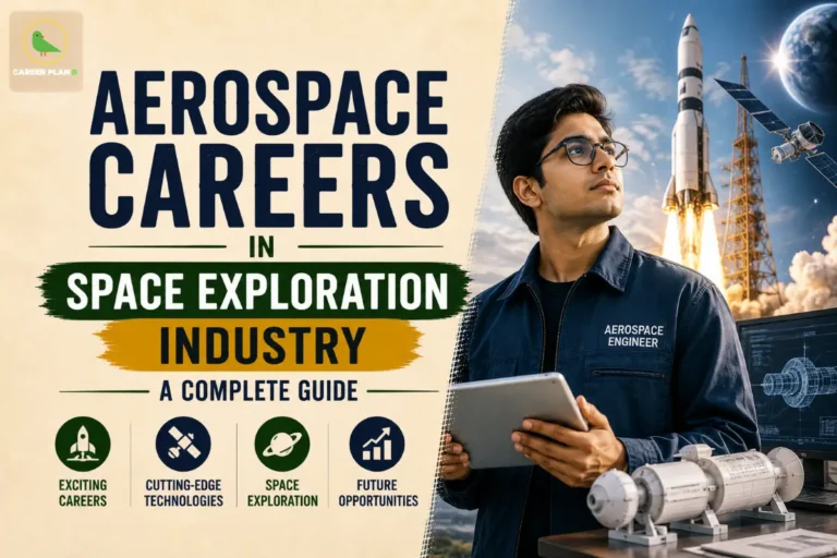 Image contains the title "Aerospace Careers in Space Exploration Industry: A Complete Guide", Career Plan B logo, an aerospace engineer holding a tablet, a rocket launch, satellite, spacecraft model, engineering workstation, and icons for exciting careers, cutting-edge technologies, space exploration, and future opportunities, illustrating Aerospace Careers in Space Exploration Industry .