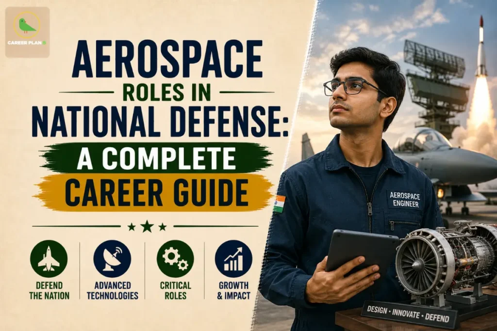 Aerospace Roles in National Defense: A Complete Career Guide featuring an aerospace engineer holding a tablet beside a fighter aircraft engine, a rocket launch, military aircraft, radar system, and career icons highlighting advanced technologies, critical roles, growth, and defending the nation.