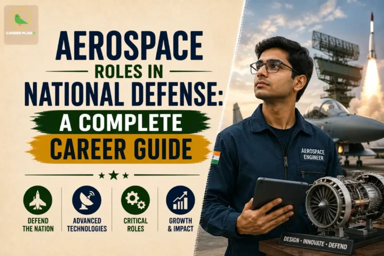 Aerospace Roles in National Defense: A Complete Career Guide featuring an aerospace engineer holding a tablet beside a fighter aircraft engine, a rocket launch, military aircraft, radar system, and career icons highlighting advanced technologies, critical roles, growth, and defending the nation.
