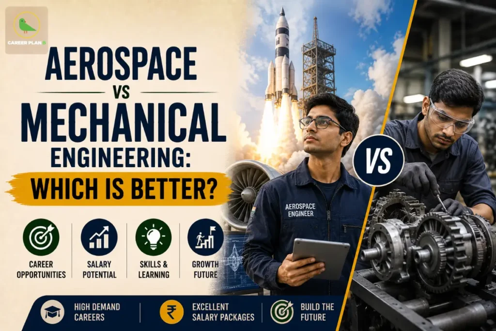 Aerospace vs Mechanical Engineering: Which Is Better? featuring an aerospace engineer with a rocket launch and jet engine, a mechanical engineer working on industrial gears, comparison icons for career opportunities, salary potential, skills & learning, growth & future, and highlights of high-demand careers, excellent salary packages, and building the future.