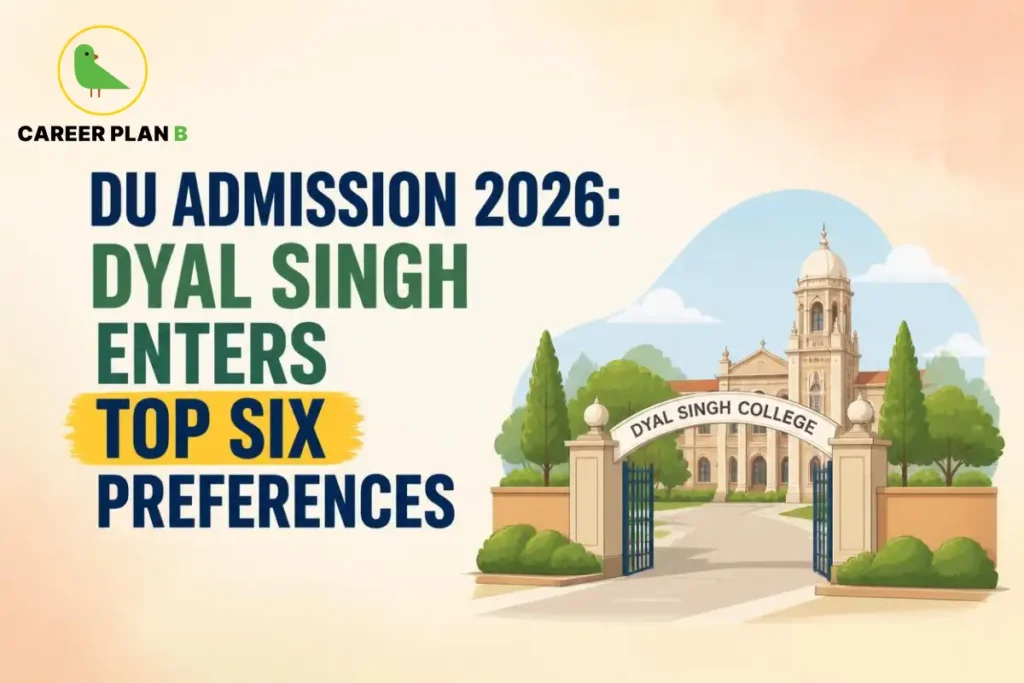 The Career Plan B logo is displayed in the top-left corner. The headline reads “DU Admission 2026: Dyal Singh Enters Top Six Preferences” in bold blue and green text, with “Top Six” highlighted in yellow against a light beige background. On the right, an illustration shows the entrance gate of Dyal Singh College leading to a historic college building surrounded by trees and landscaped greenery. The design highlights DU Admission 2026, Dyal Singh College, Delhi University admissions, CUET UG counselling, DU preference list, top DU colleges, and undergraduate admissions in Delhi University.