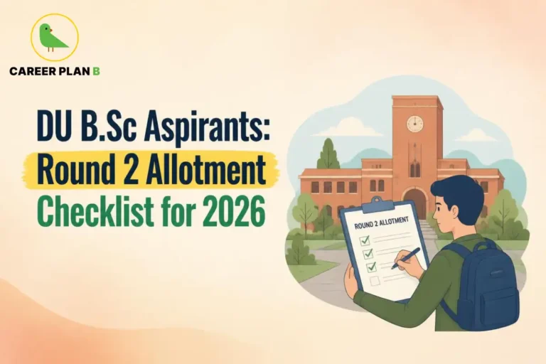 DU B.Sc. Round 2 allotment checklist for 2026, showing a student reviewing admission steps at the University of Delhi.