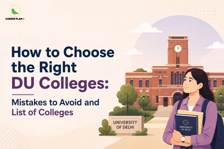 How to choose the right DU colleges, featuring a student outside the University of Delhi campus with admission guidance.