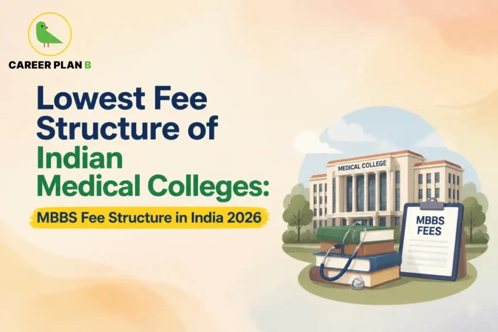 Banner graphic on the lowest fee structure of Indian medical colleges, highlighting MBBS fee structure in India for 2026.