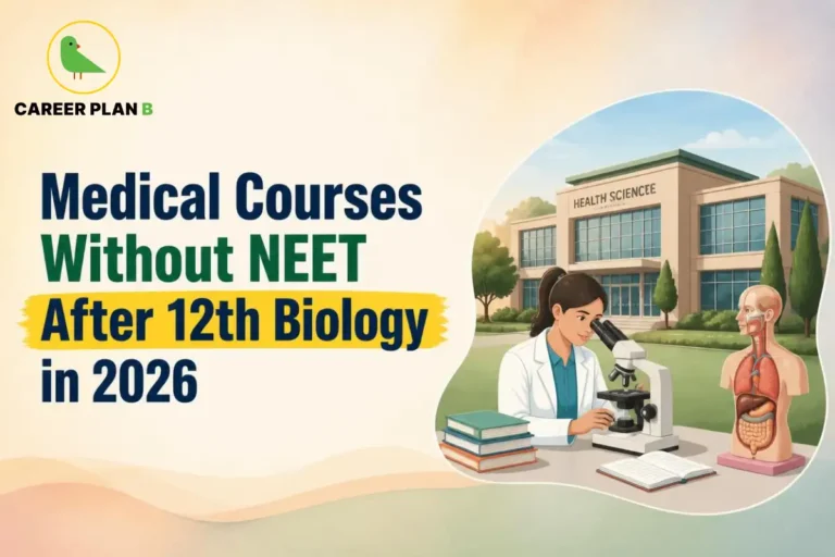 Banner text highlighting medical courses without NEET after 12th biology in 2026, featuring a researcher at a microscope.