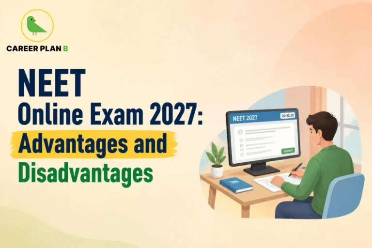 NEET Online Exam 2027 advantages and disadvantages, showing a student taking a computer-based medical entrance exam.