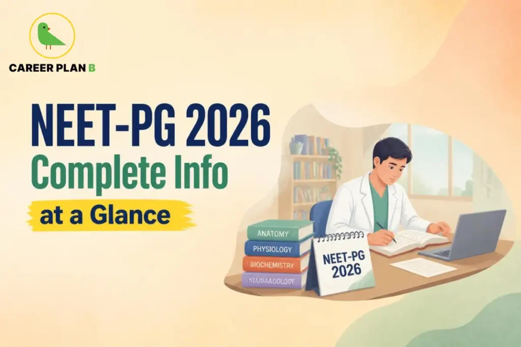 NEET-PG 2026 complete information at a glance, featuring a medical aspirant studying with exam preparation materials.