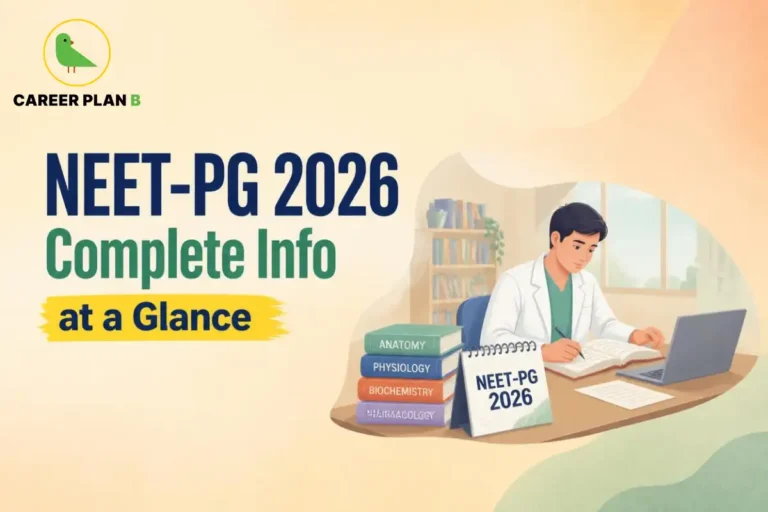 NEET-PG 2026 complete information at a glance, featuring a medical aspirant studying with exam preparation materials.