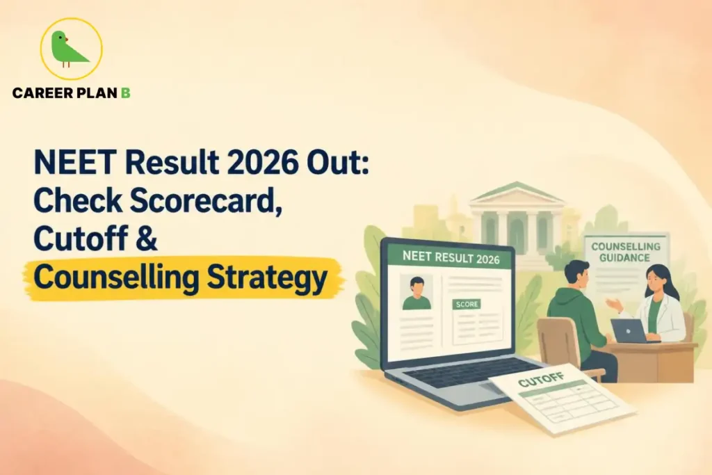 NEET Result 2026 page showing scorecard, cutoff details, and counselling strategy with result and counselling illustrations.