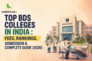 Banner graphic titled top BDS colleges in India covering fees, rankings, and admission guide, illustrated with a dental college and dentist.