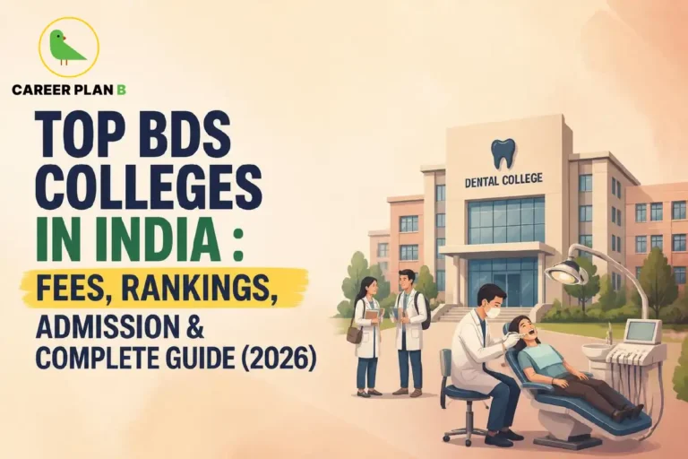 Banner graphic titled top BDS colleges in India covering fees, rankings, and admission guide, illustrated with a dental college and dentist.