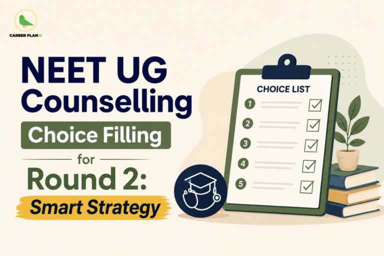 Banner graphic illustrating NEET UG counselling choice filling for round 2 smart strategy, alongside a choice checklist and study books.