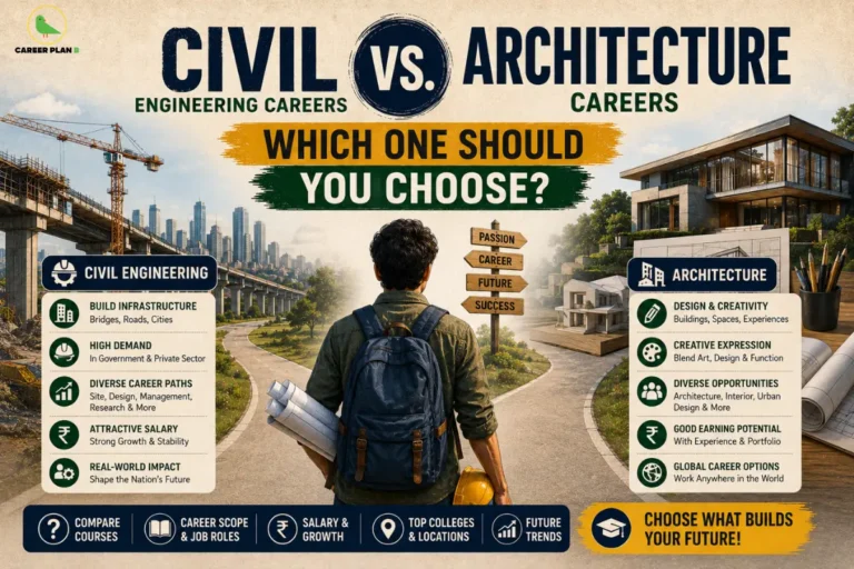Civil engineering versus architecture careers infographic comparing infrastructure, design, career paths, salaries, and future opportunities, featuring Career Plan B.