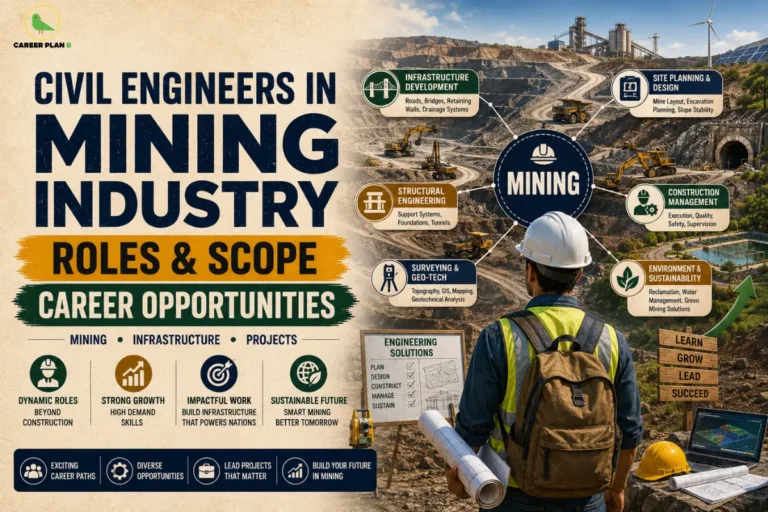 Civil engineers in mining industry infographic showing roles, career opportunities, and Career Plan B.