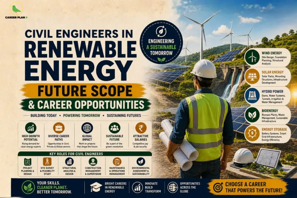 Civil engineers in renewable energy infographic showing wind, solar, hydro power, and career opportunities by Career Plan B.