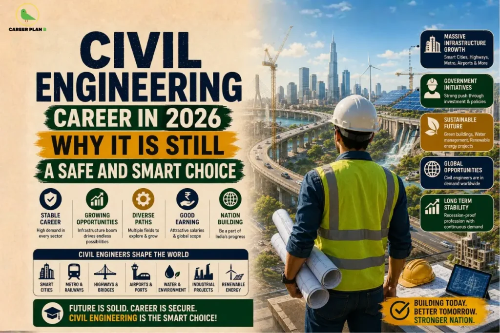 Civil engineering career infographic showing infrastructure, renewable energy, and career opportunities, with Career Plan B logo.