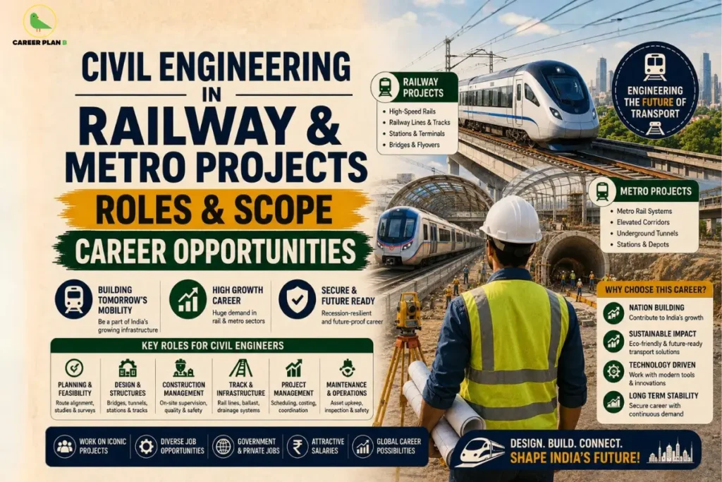 Career Plan B infographic showing civil engineering roles in railway and metro projects, and career opportunities.