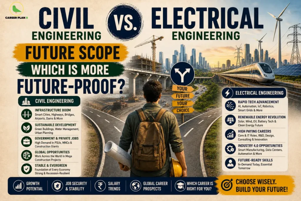 Civil versus electrical engineering infographic comparing future scope, career opportunities, and industry trends, with Career Plan B logo.