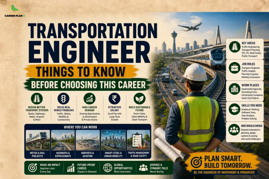 Transportation engineering career infographic showing key areas, job roles, workplaces, skills, and career opportunities, with Career Plan B logo.