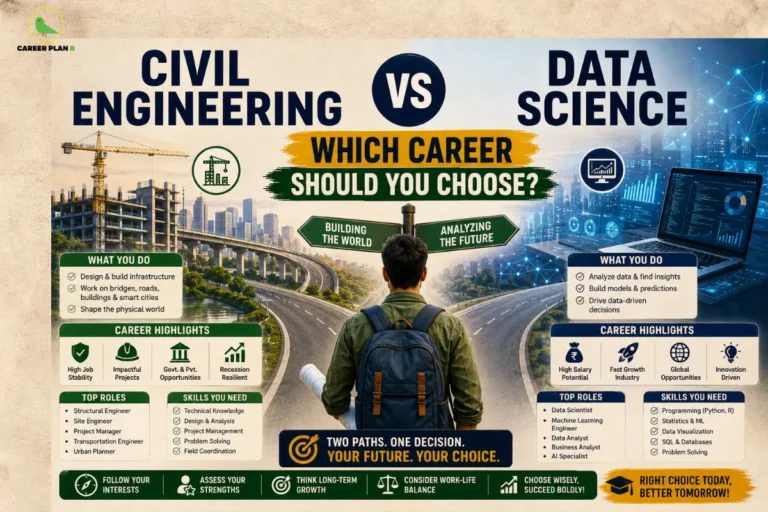 Civil engineering versus data science infographic comparing career roles, skills, opportunities, and career paths, with Career Plan B logo.