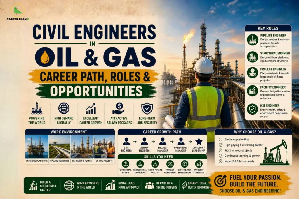 Civil engineers in oil and gas infographic showing career paths, key roles, skills, and industry opportunities, with Career Plan B logo.