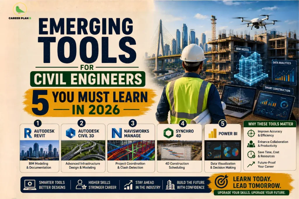 Emerging tools for civil engineers infographic featuring Revit, Civil 3D, Navisworks, Synchro 4D, Power BI, and Career Plan B.