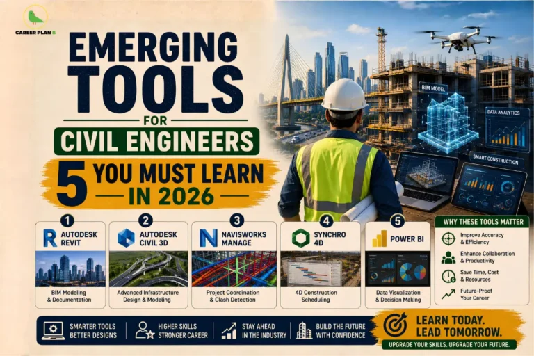 Emerging tools for civil engineers infographic featuring Revit, Civil 3D, Navisworks, Synchro 4D, Power BI, and Career Plan B.