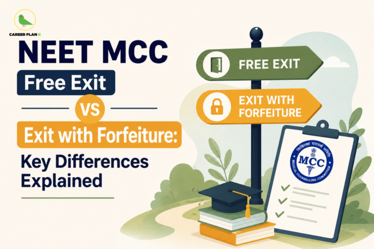 Banner text comparing NEET MCC free exit vs exit with forfeiture key differences explained, with directional road signs and MCC checklist.
