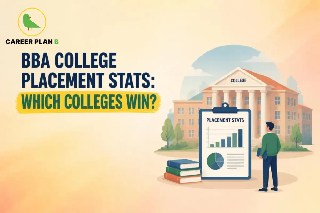 BBA college placement stats infographic showing placement data charts, a college building, and Career Plan B branding.