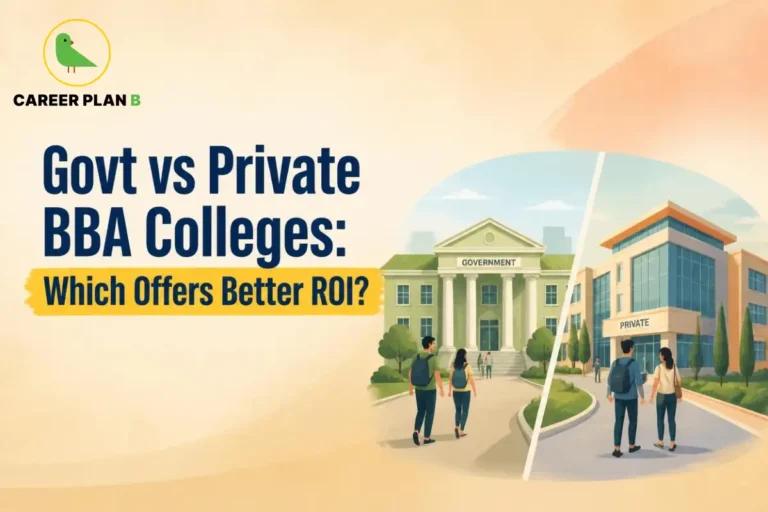 ROI comparison govt vs private BBA colleges compared for return on investment, with students and campus buildings.