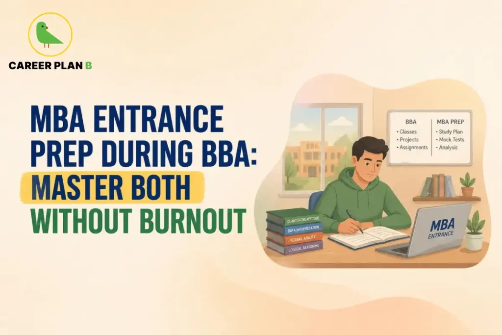 MBA entrance preparation during BBA, with a student studying for exams and balancing coursework.
