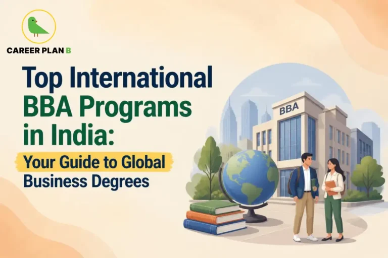 Top International BBA Programs in India graphic featuring students, campus, globe, and Career Plan B logo.