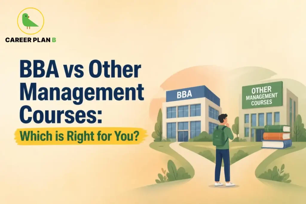 BBA versus other management courses graphic showing two campuses and a student choosing between them, Career Plan B.