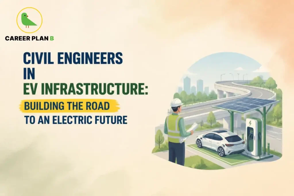 Civil engineer inspecting an EV charging station with solar panels, an electric car, and modern road infrastructure, representing sustainable transportation development.
