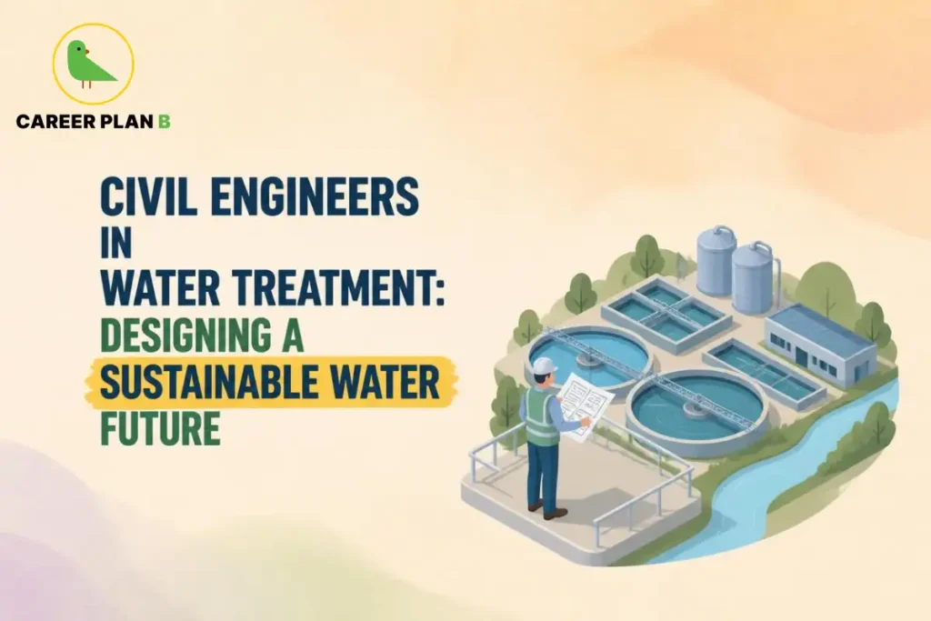 Civil engineer inspecting a modern water treatment plant featuring purification tanks, filtration systems, storage units, and sustainable water management infrastructure.