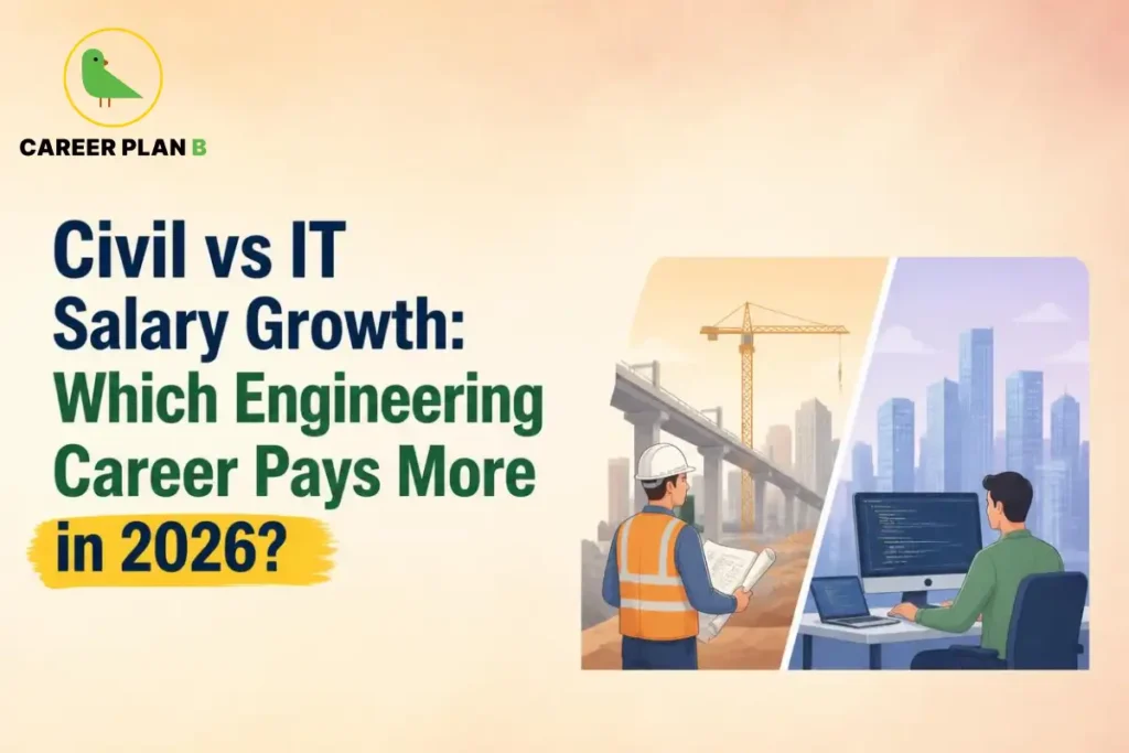 Civil engineer at a construction site compared with an IT professional working on a computer, illustrating differences in career paths, salary growth, and job opportunities.