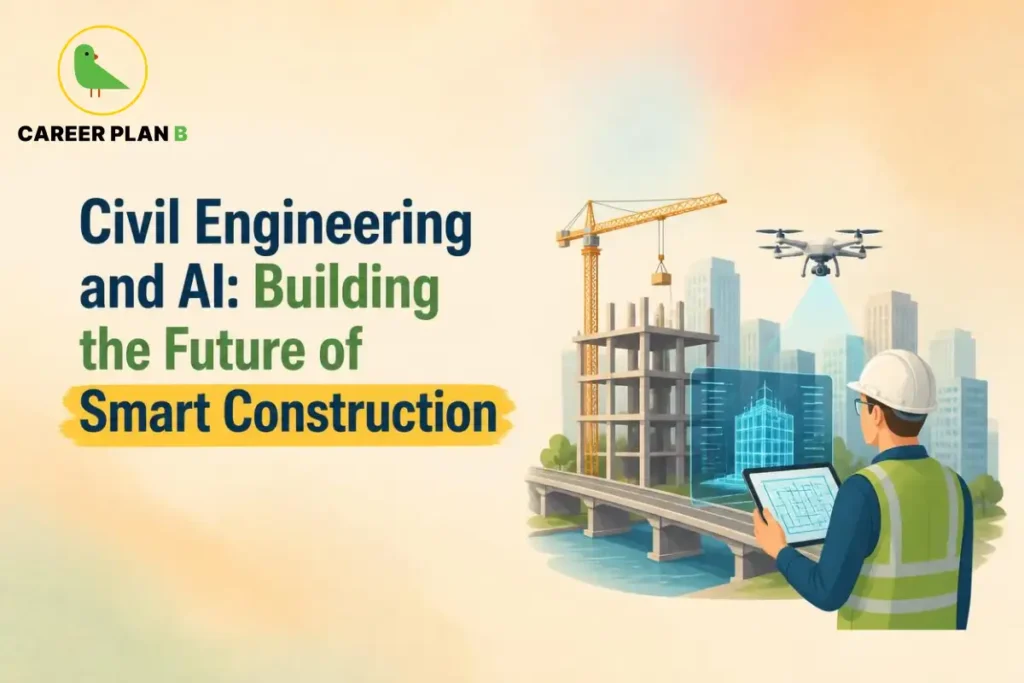 Civil engineer using AI-powered digital tools and drone technology at a smart construction site featuring a high-rise building, tower crane, and 3D architectural model.