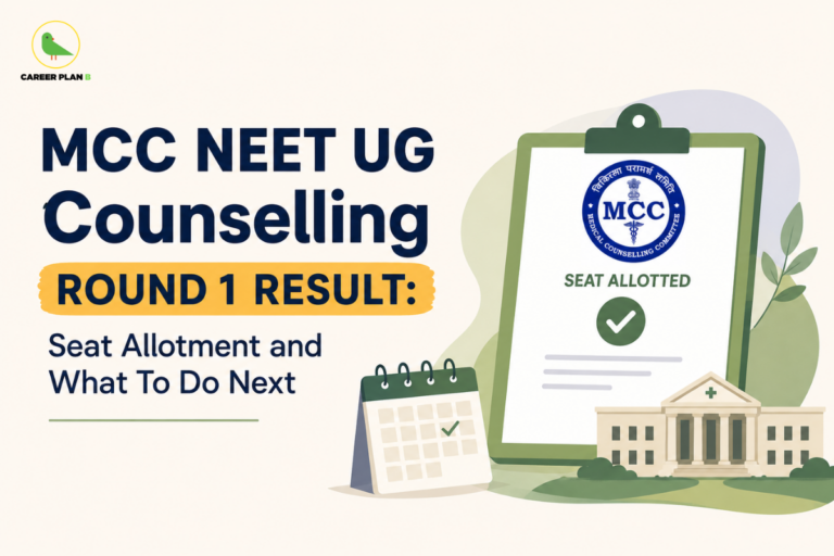 Banner text highlighting MCC NEET UG counselling round 1 result, seat allotment, and next steps, with an MCC clipboard and calendar.